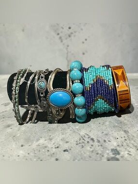 Boho Turquoise Silver Bracelet Stack Southwestern Beaded Cuff Bangle LayeringSet